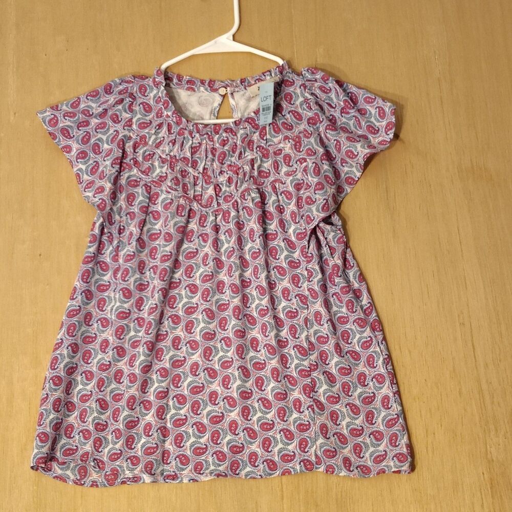 Loft Women's Floral Eyelet Blouse with Ruffle Sleeves Pink Lavanda Size PXXS NWT